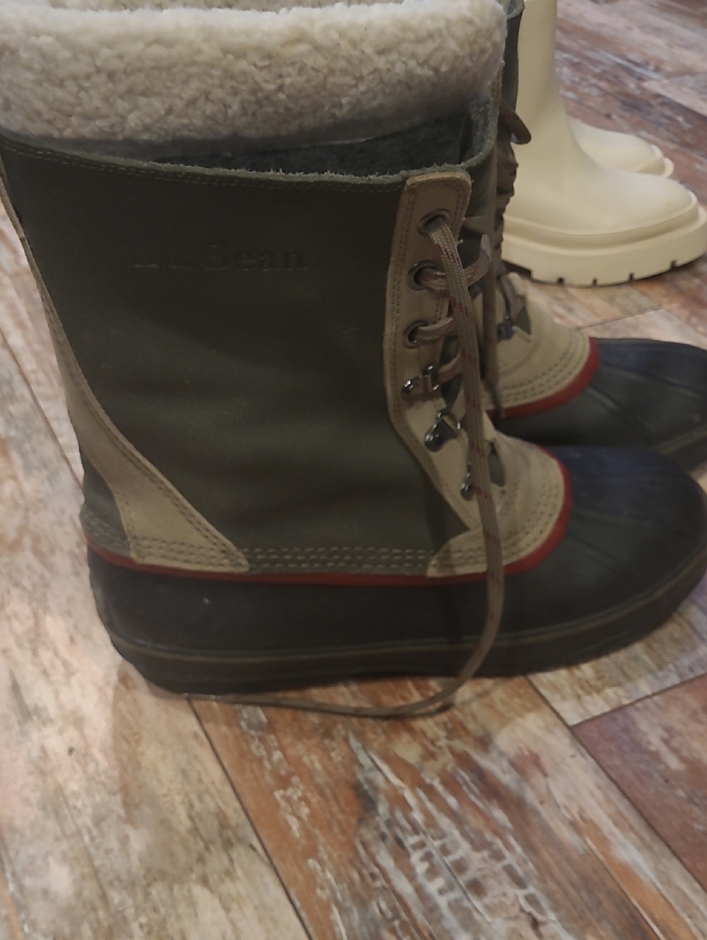 L.L. Bean Olive and Tan Shearling-Lined Duck Boots with Black Rubber Sole